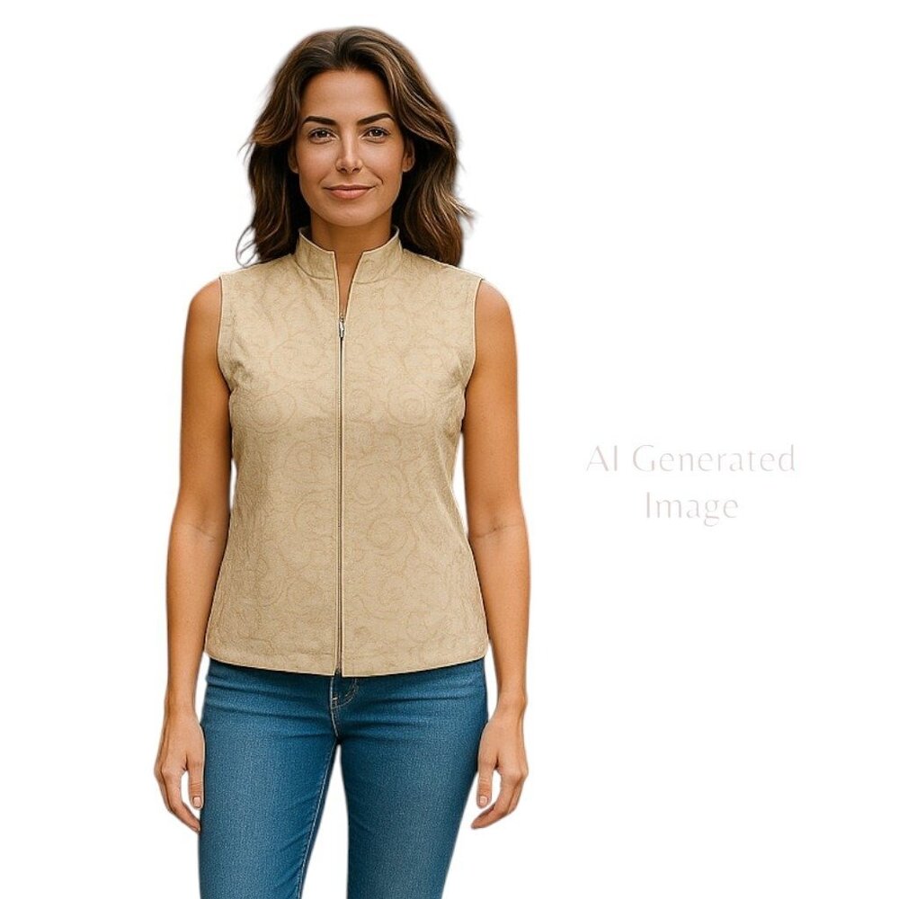Talbots Womens Tan Beige Front Zip Pockets Embroidered Sleeveless Vest Sz MP